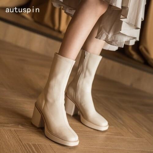 Autuspin Elegant Winter Women Boots 2020 New Side Zipper Thick Heels Pumps Ladies Platform Basic High Heel Party Boots White