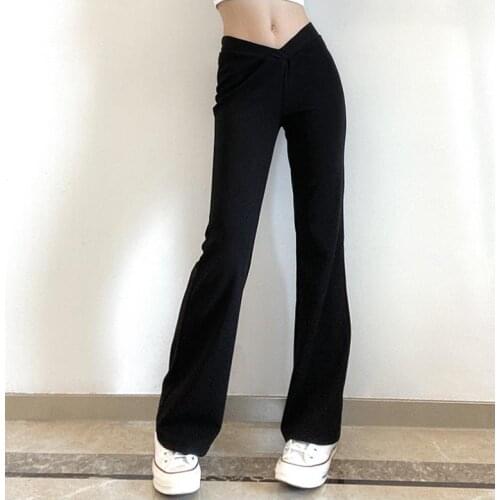 2021 Women Casual Solid Color Flared Pants Black V-shaped Low Waist Simple Style Trousers S/ M/ L