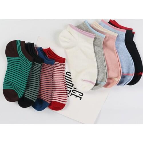 DONG AI casual combed cotton plain head color strips thin horizontal hand-stitched womens boat socks