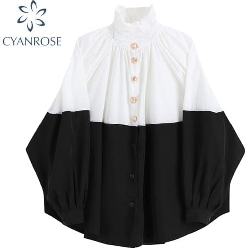 Cardigan Oversized French Blouses Women Single Breasted Long Sleeve Contrast Color Retro Casual Shirts Female Stand Collar Tops