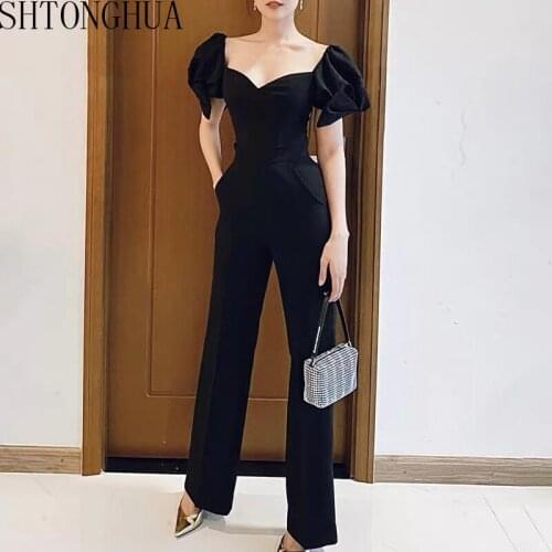 High Quality Off Shoulder Sexy Women Jumpsuit 2020 Summer Puff Sleeve Casual High Waist Jump Suit Playsuit Slim Long Jumpsuit