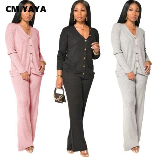 CM.YAYA Aumutn Winter Casual Women Set Solid Article pit Buutton Fly Full Length V-neck two set