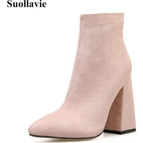 Winter Shoes Women Boots High Heels Sexy Ankle Zipper Shoes Pointed Toe Hoof Heels Chelsea Boots Apricot Warm High Quality