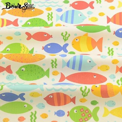 Booksew White 100% Cotton Twill Quilting Fabric Dye Printed Fish Patchwork Sewing Cloth DIY Tissu Textile Dress Material Curtain