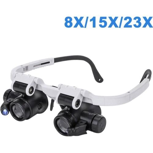 8X/15X/23X LED Magnifier Glasses Adjustable Two LED Lights Head Magnifying Glasses Reading Sewing lupa Household Tools