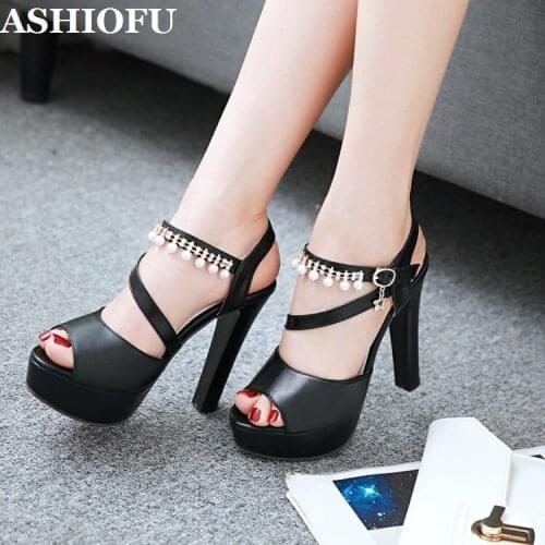 ASHIOFU New Hot Sale Womens Thick Heels Sandals Beading-string Sexy Party Prom Platform Shoes Evening Club Fashion Sandal Shoes