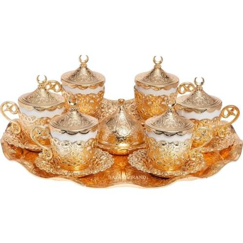 WHITE-YELLOW-MINI-ANTIQUE COPPER-ANTIQUE YELLOW COFFEE SET-SIX NESCAFE SET - GELINCIK - FREE SHİPPİNG