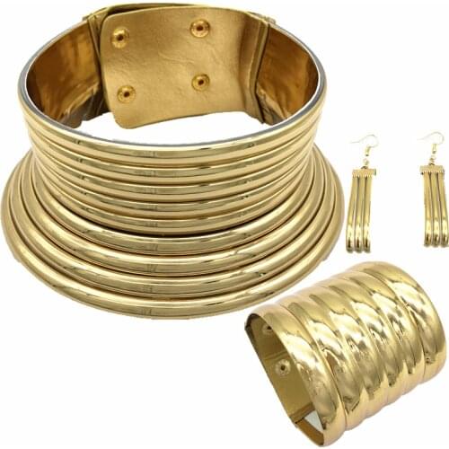 BK Choker Necklace Earrings and Bracelet Women Gold Color Leather Collar Maxi Necklace Chokers Big Jewelry Set