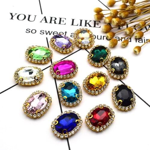Glitter Sewing Rhinestone Glass Crystal For Clothes Needlwork Bag Shoes Nail Decoration Oval Shape Gold Frame Artificial Diamond