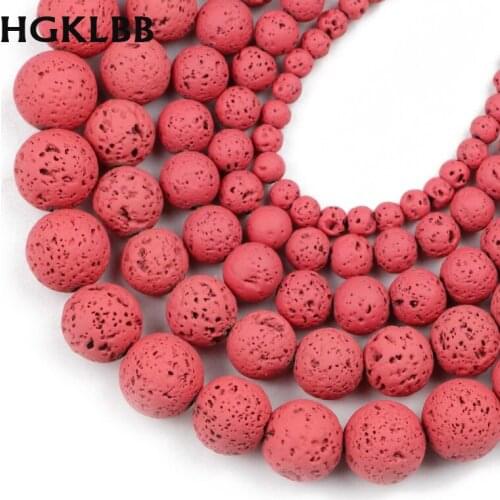 HGKLBB Rubber Natural Volcanic Lava Stone 4/6/8/10/12MM watermelon red Round Loose Spacers beads for Jewelry making DIY bracelet