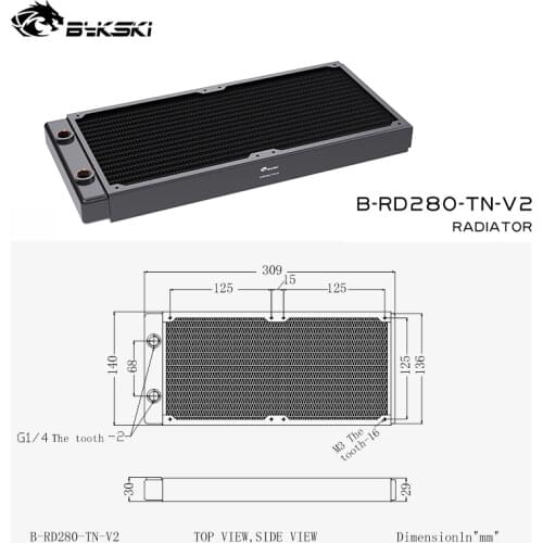 BYKSKI 28mm Thick Copper + Brass 280mm Computer Water Discharge Liquid Heat Exchanger Metal Radiator for 140mm Fans G1/4