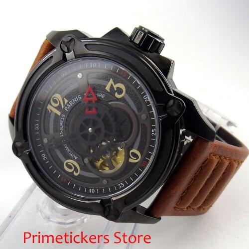 PVD coated case 44mm PARNIS black dial sapphire glass automatic mens watch leather strap