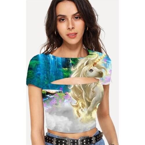Somepet Unicorn T shirt Women Rainbow Tshirt Printed Animal Hollow Out T shirts Waterfall T-shirts 3d Womens Clothing Hip Hop