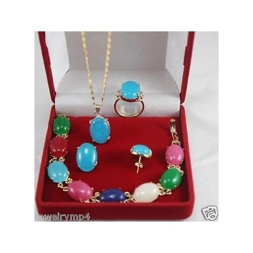 Fine Jewelry real new Fashion Cubic Zirconia Trendy 100%Jewelry multicolor jade stone pendant bracelet ring earring Set