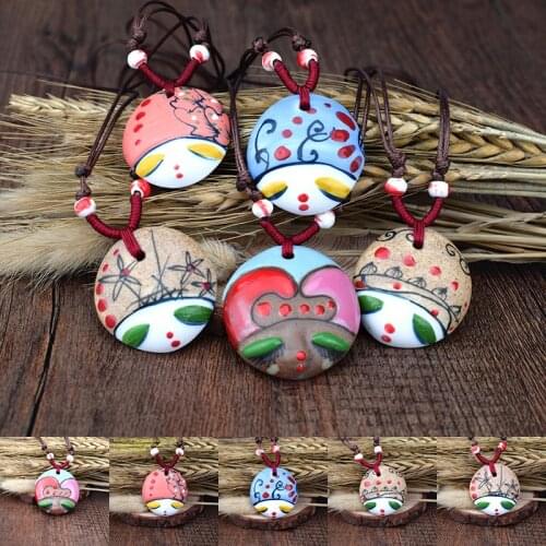 Ceramic Necklace Handmade Fashion Jewelry Chinese style Vintage cute doll pendant necklace personalized trend accessories