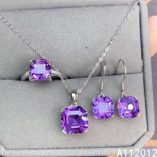KJJEAXCMY fine jewelry natural Amethyst 925 sterling silver classic girl new pendant necklace earrings ring set support test