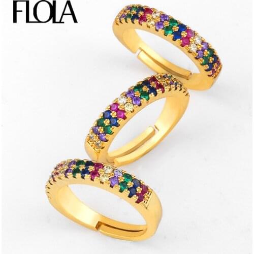 FLOLA Zirconia Rainbow Eternity Band Adjustable Multi Stone Rainbow Colored Rings Gold Jewelry gouden dames ringen righ84