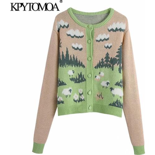 KPYTOMOA Women 2021 Fashion Covered Buttons Animal Knit Cardigan Sweater Vintage O Neck Long Sleeve Female Outerwear Chic Tops