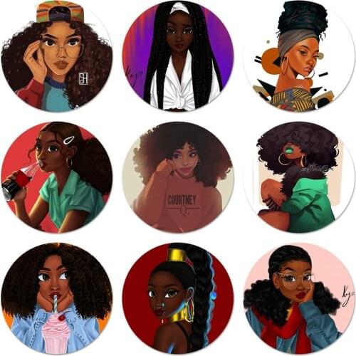 MELANIN POPPIN Black Girl Bling Cute Icons Pins Badge Decoration Brooches Metal Badges For Clothes Backpack Decoration 58mm