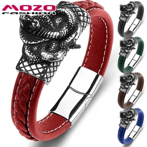 MOZO FASHION New Men 2021 Bracelet Genuine Leather Stainless Steel Snake High Quality Grid Collocation Punk Cuffs Jewelry 147