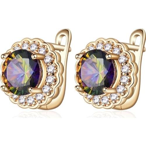 New Fashion Gold Stud Earrings for Women Paved Colorful Cubic Zirconia Luxury CZ Round Earrings Exquisite Jewelry Gifts