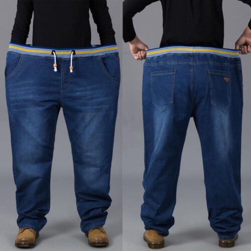 2021 fall new dad outfit elastic waist plus fat plus size jeans mens high waist straight stretch pants loose casual fat jeans
