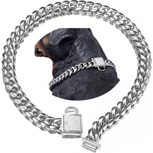 Top Dog Collar White Silver Color Stainless Steel 14mm Big Dog Luxury Training Collar Cuban Link with Zirconia Lock Chain
