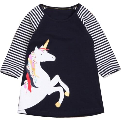 Citgeett Cute Princess Kids Baby Girls Dress Long Striped Sleeves Unicorn Striped Dress Party Casual Dresses