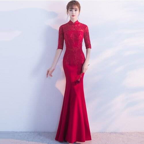 Qipao Long Cheongsams Chinese Wedding Red Bride Evening Dress Sexy Traditional Vestido Oriental Party Dresses