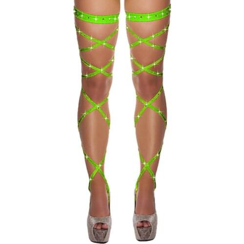 Sexy Women Lingerie Bandage Fishnet Stockings Thigh-High Crystal Studded Thigh High Leg Rave Wraps Strappy Rhinestone Tights