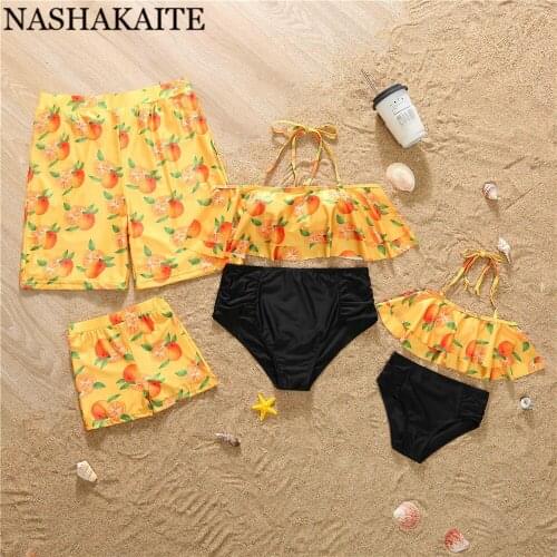 NASHAKAITE Family Swimsuit 2021 Summer Orange Printed Ruffles Swimsuit Mother and Daughter Family Look Mommy and me swimsuit