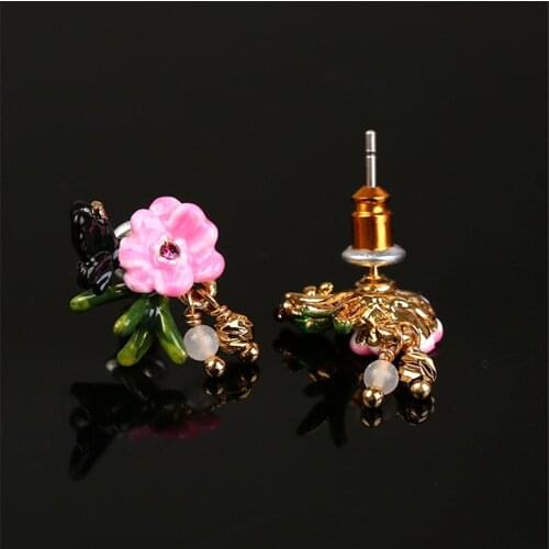 Korean Version of Simple Monet Garden Enamel Glaze Pink Flowers Green Leaves Butterfly Ladybug Tassel Stud Earrings Ear Clips