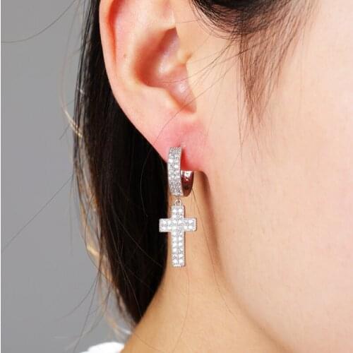 New Hip Hop Fashion Jewelry Cubic Zirconia Bling Iced Cross Earring Gold Bijoux Copper Material Earrings for Men Women Rock Gift