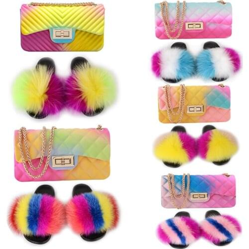 Womens Real Fox Fur Slippers Ladies Cute Plush Slides Matte Jelly Bags Sets Wallet Female Fur Soft Sandals Fluffy Colorful Shoe
