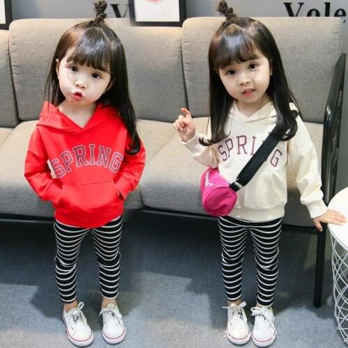 1-5 year girls clothes spring autumn sweater two-piece letter printed hooded Sweatshirt coat + striped leggings quality clothing