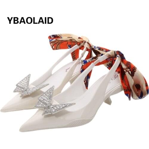 Fashion Pointed Sweet Bowknot Diamond Buckle Special-shaped Mid-heel Sandals New Solid Color Heel Silk Scarf Lace-up Shoes