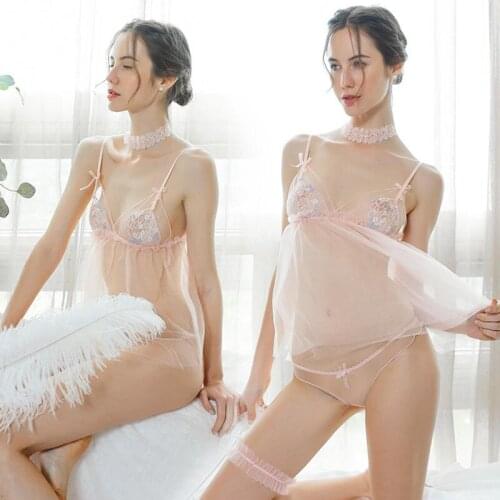 2021 New Pink Nightdress Underwear Womens Sleepwear Embroidery Lace Sexy Lingerie Strap Nightdress with Panty Night Wear Suit