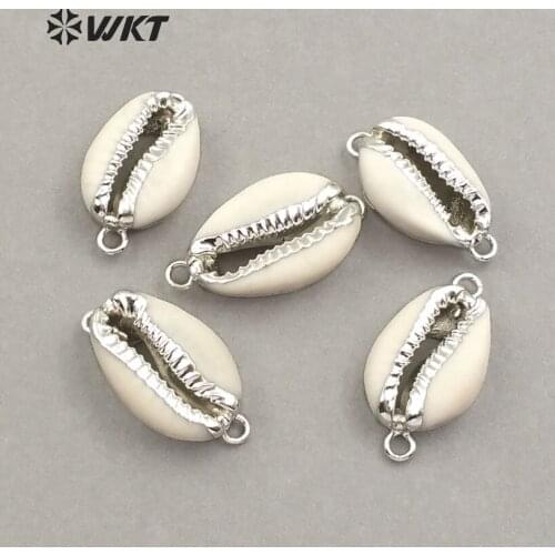 WT-JP052 Double Hooks Natural Raw Cowrie Shell Pendant With Trim Connector For Women Vintage Jewelry Making Accessories