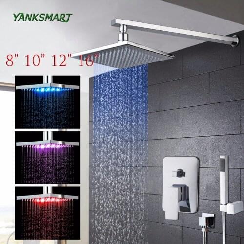 YANKSMART LED Wall Mount 8 10 12 16 Inch Shower Head Set with Control Valve Hand Sprayer Chrome Polished Bathroom Shower System