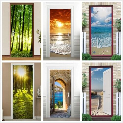 Sun 3D Door Sticker Door Wrap Wall Stickers Mural Wallpaper Poster Self Adhesive PVC Removable Waterproof Door Decal Home Decor