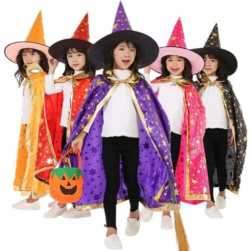 Children Halloween Costumes Wizard Witch Cloak Cape Robe with Pointy Hat Girls Boys Cosplay Props Kids Birthday Party Supplies