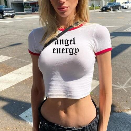 Unaiza Womens Casual T-shirt 2021 Spring And Summer New Angel Letter Print Hit Color Navel Slim Sexy Short-Sleeved T-shirt