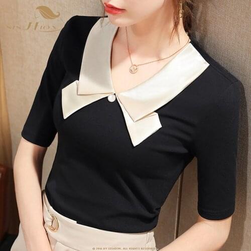 SISHION Vintage Half Sleeve 2021 Autumn Women Tops VD2275 Black Coffee Bow Front Ladies Tee Shirt Femme