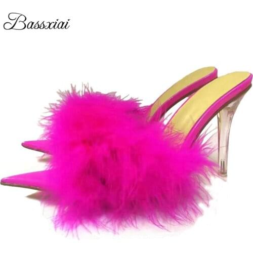 Fairy Style Feather Runway Mules For Girls Lady Clear Crystal High Heel Pointed Open Toe Slingbacks Jelly Color Sandals Women