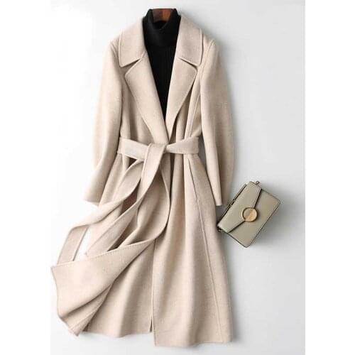 New Women Cashmere Long Coat Elegant Turn Down Collar Woolen Coat With Belt Open Stitch Design Winter Warm Coat Casaco Feminino