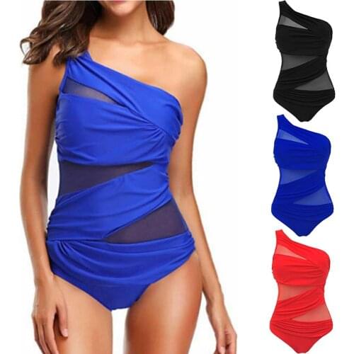 Women Summer Sexy One-Piece Bikini Push-Up Padded Swimwear One Shoulder Breathable Swimsuit Bathing Solid Beachwear Beach Swim