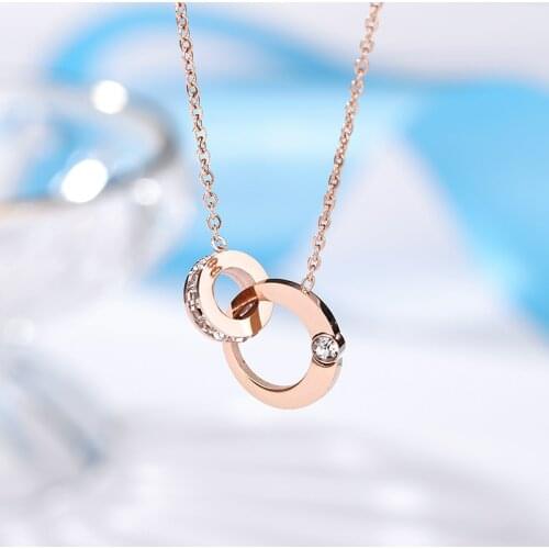 Korean Style Fashion Zircon Inlaid Double Loops Moon Pendant Women Necklaces Ladies No Fade Stainless Steel Party Jewelry Female