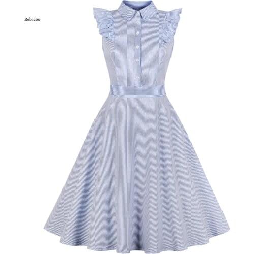 Women Vintage Blue Ruffle Sleeve Striped Summer Shirt Dress Casual Turn-Down Collar a Line Office Lady Dresses