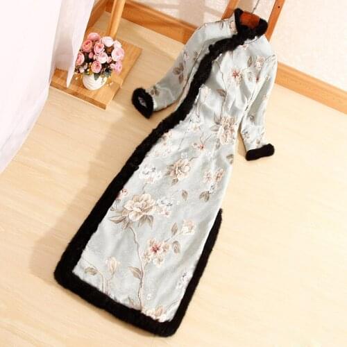 Floral Autumn Women Chinese Style Midi Dress Jacquard Rabbit Hair Warm Dresses Elegant Slim Lady Warm Qipao Party Dress S-XXL