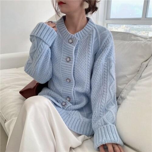 2021 New Womens Sweaters Spring Autumn Solid Fashionable Buttons Oversize Elegant Short Cardigans Knitwear